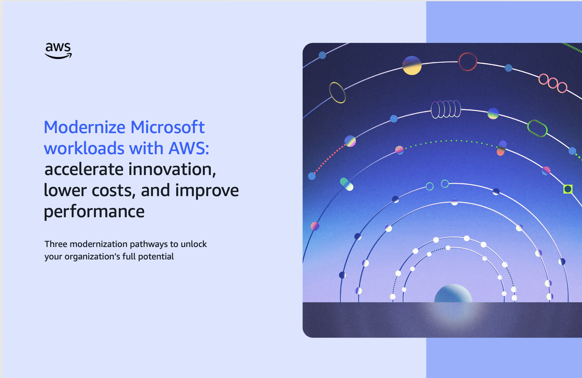 AWS logo, text for modernizing Microsoft workloads, and an abstract graphic with glowing pathways.