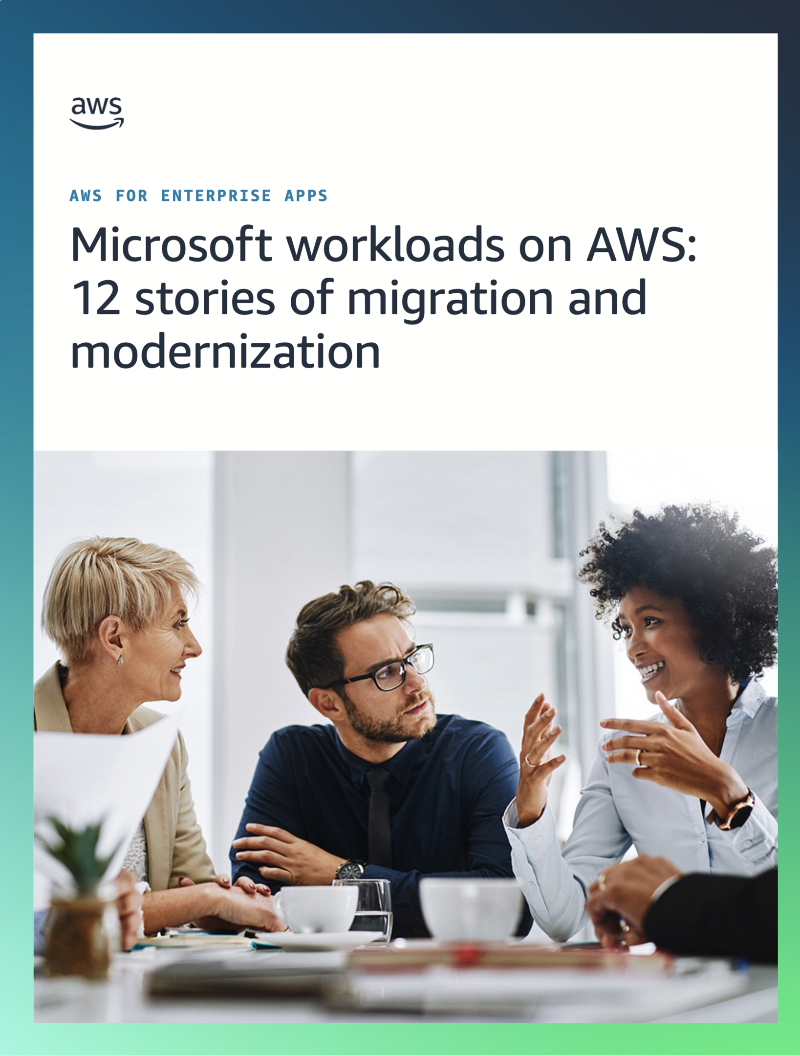 AWS document cover about migrating Microsoft workloads, showing three people in discussion.