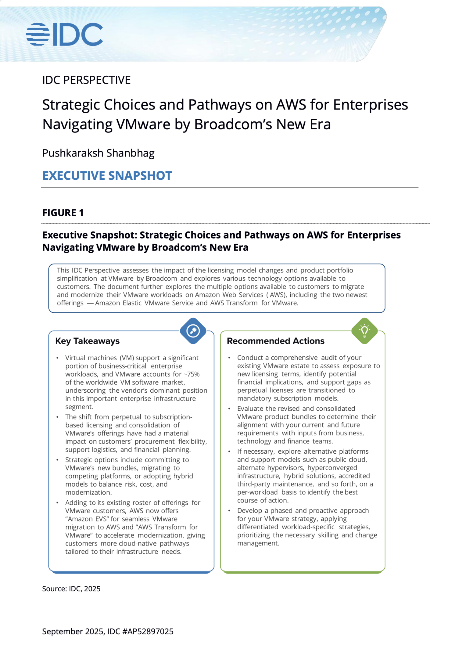IDC report on strategic choices for enterprises navigating VMware by Broadcom's new era, focusing on AWS migration.