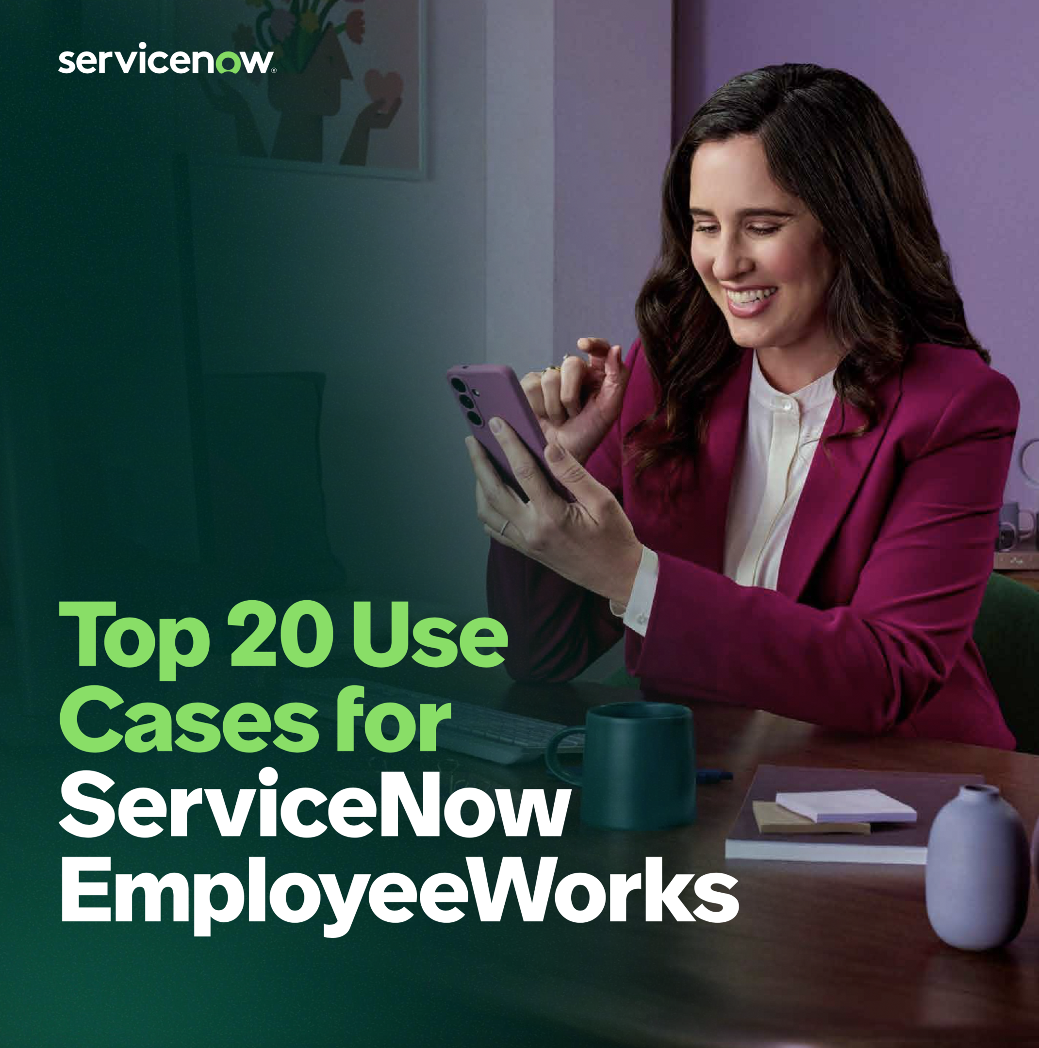 A smiling woman in a magenta blazer looks at her phone, with text about ServiceNow EmployeeWorks.
