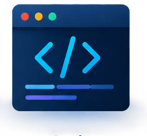 Stylized blue window with a code editor icon featuring angle brackets and a slash symbol.
