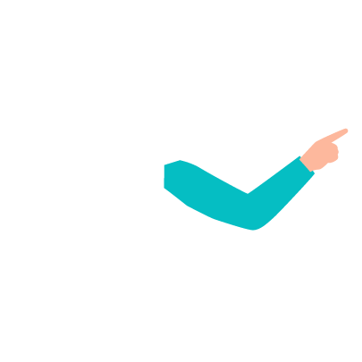 A cartoon arm with a blue-green sleeve points right with its index finger.