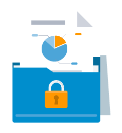 Secure data folder with a document displaying pie charts and bar graphs.