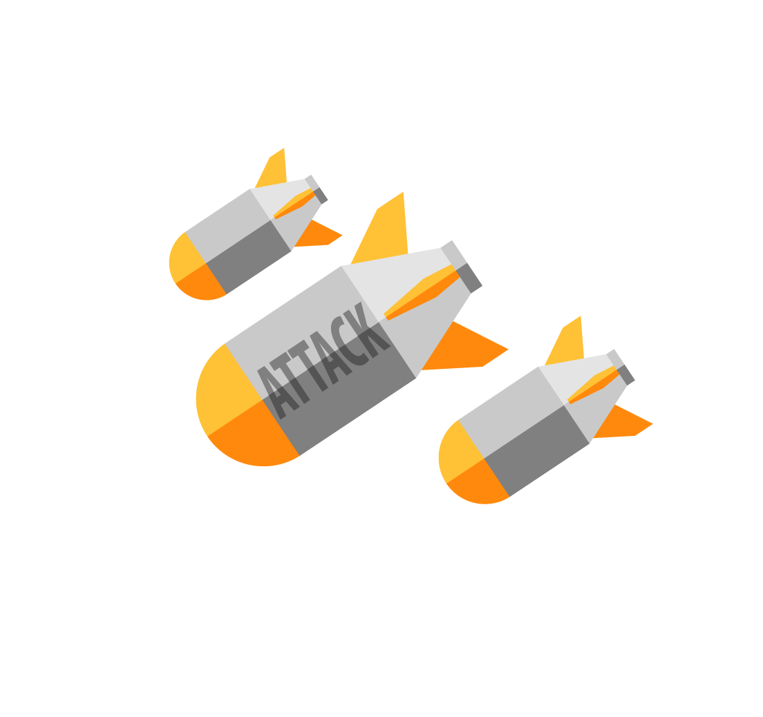 Three stylized bombs or missiles, one labeled 'ATTACK', arranged diagonally within a circle.