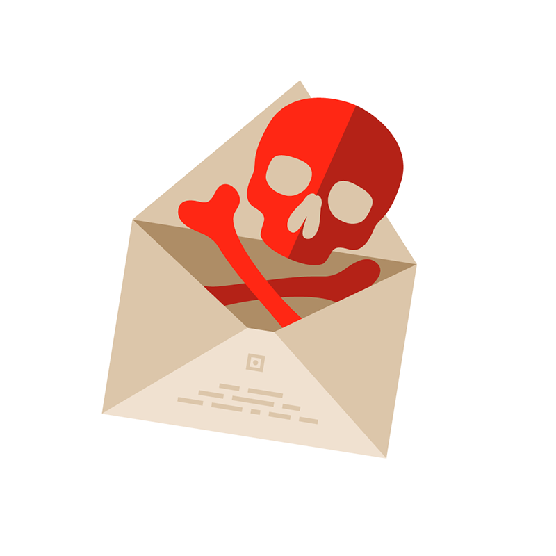 An open envelope with a red skull and crossbones, symbolizing malicious email or phishing.