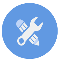Blue circle icon with a crossed wrench and pencil.