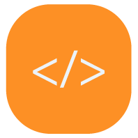 Code icon on orange rounded square.
