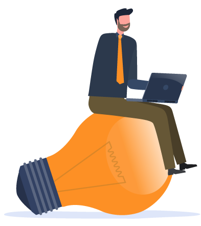 Man on a lightbulb with a laptop.