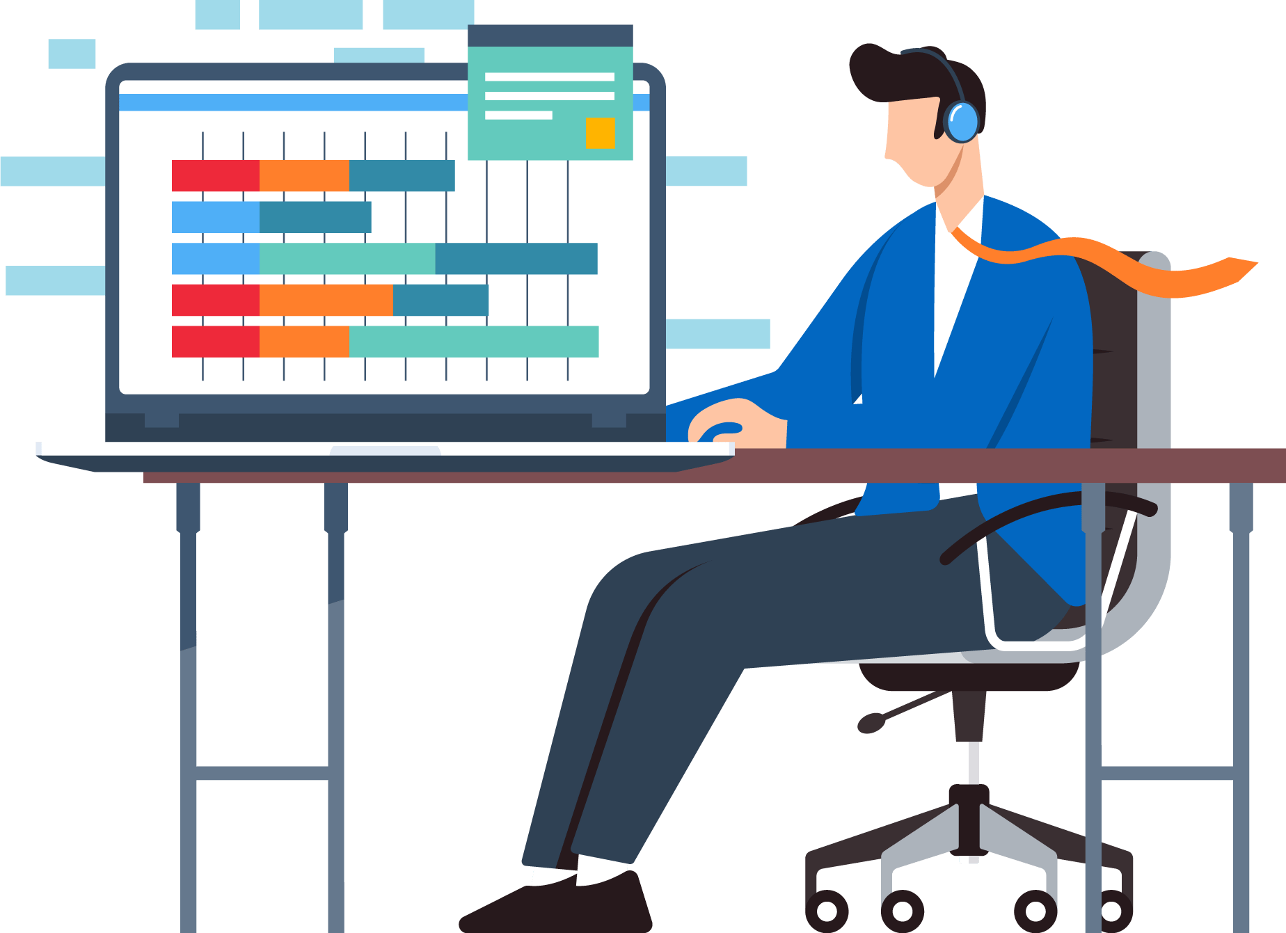 Man with headphones working on a laptop displaying data charts.