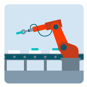 Robotic arm working on a conveyor belt in a factory.