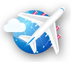 An airplane flying over a globe with a cloud, representing global travel and aviation.