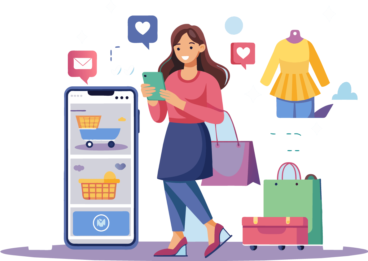 Woman shopping online with phone, surrounded by app icons, shopping bags, and clothes.