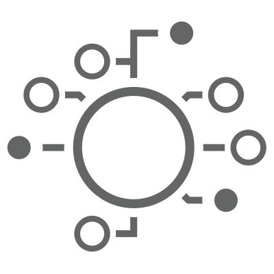 Icon of a central circle connected to smaller circles and dots, representing a hub-and-spoke system or network.